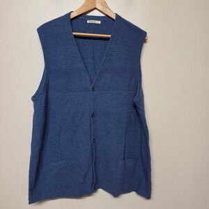 WoolOvers Mens XXL Blue‎ Merino Wool Organic Cotton Button Front Cardigan Vest